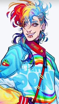 a drawing of a woman with colorful hair and piercings on her face, wearing a uniform