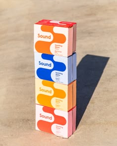 three boxes stacked on top of each other with the word sound written in different colors