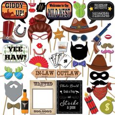 an assortment of photo booth props including mustaches, hats, and other items for a party