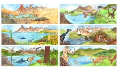 four pictures of different types of animals and people in the water, with mountains behind them