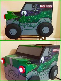 a cardboard car made to look like a grave digger