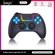 a close up of a game controller on a white background with the text follow store to get extra 2 % off