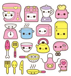 a collection of kitchen utensils and other items in pink, yellow and blue