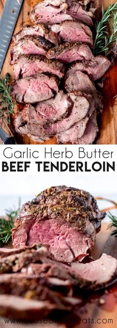 garlic herb butter beef tenderloin on a cutting board