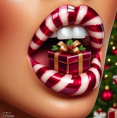 a woman's lips with candy canes and presents