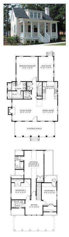 two story house plans with floor plans and measurements for the front and back of the house