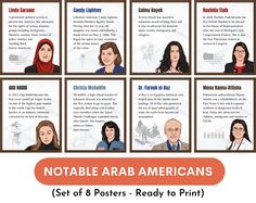 six portraits of women and men with the words notable arab americans set 8 posters ready to print