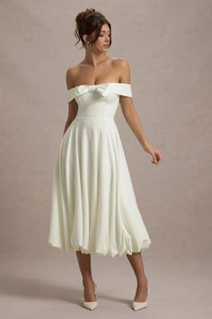 Calliopia Cream Bow Bardot Midi Dress With Puff-Ball Skirt – Club L London - USA Reception Dress Midi, Midi Graduation Dress, Puff Ball Skirt, Puffball Skirt, Kentucky Derby Outfit, Bardot Midi Dress, Embellished Midi Dress, Ball Skirt, Bardot Neckline