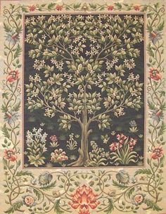 the tree of life with birds and flowers is shown in an intricately designed frame