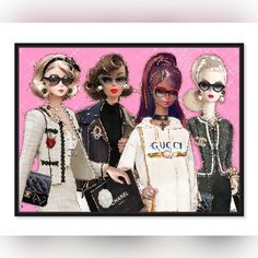 three barbie dolls are standing next to each other in front of a pink background with the words gucci on it