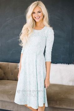 Jw fashion | Modest dress | Mint | Teal Modest Clothes, Lace Print, Beauty Dress, Princess Seams, Lace White Dress, Modest Dresses, Favorite Dress, Modest Outfits