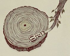 an illustration of a tree stump with a saw on it