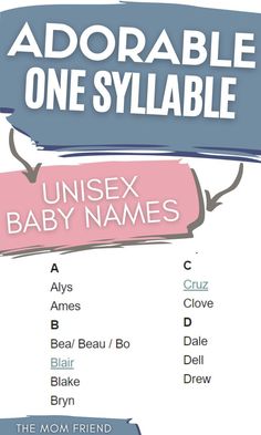 an adorable one - sylabe poster with the names of baby names