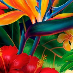 a painting of tropical flowers and leaves