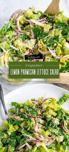 a salad with lemon parmesan lettuce and red onions in it on a white plate