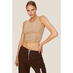 Brown polyester blend (95% Polyester, 5% Spandex). Lining (100% Polyester). Top. Crew neck. Sleeveless. Pull-on. 18" from shoulder to hemline. Imported. Fitted Sleeveless Beige Crop Top, Beige Fitted Sleeveless Crop Top, Trendy Fitted Beige Tank Top, Beige Stretch Crop Tank Top, Sleeveless Beige Crop Top With Built-in Bra, Beige Sleeveless Crop Top With Built-in Bra, Beige Stretch Vest Crop Top, Fitted Beige Tank Top, Fitted Beige Tank Vest