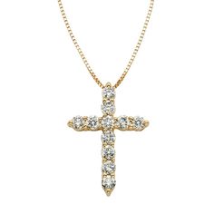 Let your faith shine when you wear this stunning diamond cross pendant. Created in warm 14K gold, this traditional cross is completely outlined with shimmering certified diamonds, each boasting a color rank of I and clarity of I2. A breathtaking design she's certain to adore, this cross captivates with 1/2 ct. t.w. of diamonds and a brilliant buffed luster. The cross suspends along a cable chain that adjusts from 16.0 to 18.0 inches in length and secures with a lobster claw clasp. This style arr Diamond Cross Necklace, Gold Cross Pendant, Diamond Cross Pendants, Diamond Cross, Silver Shop, Gold Cross, Cross Pendant Necklace, Rose Gold Diamonds, Wooden Jewelry