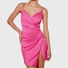 Elliatt Artistry Dress Pink, Small, Nwt Pink Satin Dinner Dress, Feminine Spaghetti Strap Cocktail Dress, Feminine V-neck Dinner Dress, Elegant Pink Knee-length Slip Dress, Elegant Pink Mini Dress For Dinner, Pink Formal Mini Dress With Spaghetti Straps, Elegant Knee-length Pink Slip Dress, Pink V-neck Dinner Dress, Satin Sheath Dress For Dinner