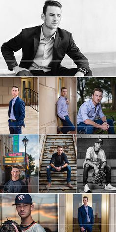 a collage of photos with men in suits and ties, one man is sitting on the steps