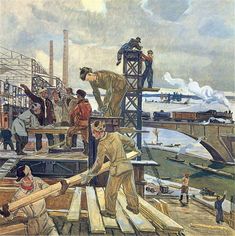 an oil painting of men working on a construction site in the middle of winter time