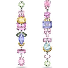 These multicolored drop earrings feature a mix of oval, pear, emerald and navette-cut crystals, arranged in a random formation. An elegant yet playful twist on the essence of Swarovski crystals, wear yours with an off-the-shoulder top to highlight their pastel hues and kinetic craftsmanship, or pair with the matching necklace from the Gema family. These earrings are part of the Gema family, designed by Creative Director Giovanna Engelbert for Collection III. Pastel Jewelry, Front Back Earrings, Swarovski Bracelet, Long Drop Earrings, Swarovski Earrings, Crystal Drop Earrings, Swarovski Jewelry, Crystal Drop, Accessories Jewelry Earrings