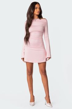 Mini dress Gathered detailing Boat neck Bell sleeves Polyester, Spandex Model wears size S Model height is 5'7 Item care: Wash with similar color Pink Off The Shoulder Dress Casual, Short Pink Dresses Long Sleeve, Longsleevehomecoming Dresses, Long Sleeve Cocktail Dress Pink, Formal Short Dresses Long Sleeve, Long Sleeve Dress Nordstrom, Short Fitted Long Sleeve Dress, Long Sleave Hocoming Dresses, One Shoulder Long Sleeve Pink Dress