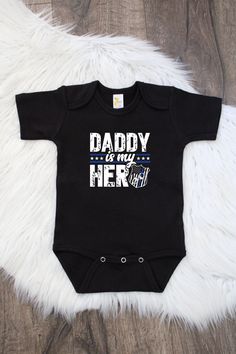 This bodysuit or t-shirt is perfect for the proud child of a police officer. Show your support for the blue and proudly declare that daddy is your hero. A fun and quirky way to show love for your hero in blue! Hero Bodysuit, Ways To Show Love, Swaddle Sets, Patriotic Outfit, Show Love, Coming Home Outfit, My Hero, Police Officer, Peanut