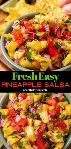 fresh easy pineapple salsa in a bowl with tortilla chips