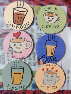 four magnets with different types of drinks on them