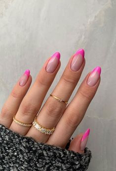 Nails Acrylic Almond Hot Pink, Hot Pink French Tip Nails Almond Long, Pink And Orange French Tip Nails Almond, Hot Pink Tips Nails, Hot Pink Nails Acrylic, Hot Pink Almond Nails, Neon French Tip Nails, Pink French Tip Nails Almond, Nails Hot Pink