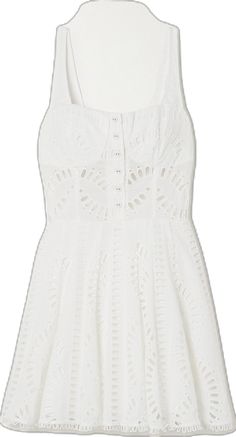 White Fitted Eyelet Dress, Fitted White Eyelet Dress, Fitted Dress With Cutwork Hem For Daywear, Fitted Cotton Eyelet Dress, Elegant Sleeveless Mini Dress With Broderie Anglaise, Fitted Sleeveless Eyelet Mini Dress, Fitted Cotton Dress With Cutwork Hem, White Eyelet Fitted Mini Dress, White Sleeveless Eyelet Mini Dress