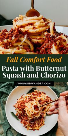 pasta with butternut squash and chorizo on a white plate next to a fork