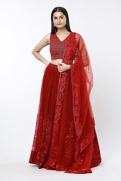 Red lehenga with sea coral embroidery and buttis spread. Comes with matching embroidered blouse and dupatta. - Aza Fashions Red Organza Pre-draped Saree For Wedding, Red Organza Choli With Intricate Embroidery, Sleeveless Red Lehenga For Diwali, Red Floor-length Pre-draped Saree For Wedding, Red Net Lehenga With Pallu, Red Lehenga With Net Material And Pallu, Red Lehenga With Pallu Detail, Red Sleeveless Lehenga With Zari Work, Red Net Lehenga For Wedding