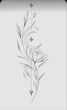 a black and white drawing of a flower with leaves on it's side, in the