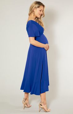 What's not to love about the fabulous Waterfall Midi Maternity Dress. Introducing a new colourway in striking cobalt blue, this flattering shade is known for its soothing and peaceful qualities, promoting stability and calm. The Waterfall design features ruffle details on the skirt and a gathered cross-over neckline. Perfect for casual or formal styling, this versatile maternity dress is wonderful for pregnancy, nursing and afterwards. Cobalt Blue shade in premium viscose jersey Faux wrap skirtR Maternity Bridesmaid Dress, Rose Tiffany, Waterfall Dress, Formal Maternity Dress, Tiffany Rose, Maternity Brands, Pregnant Wedding Dress, Maternity Nursing Dress, Maternity Midi Dress