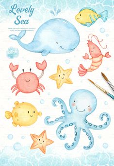 watercolor sea animals clipart set