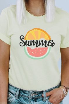 a woman with white hair wearing a t - shirt that says summer