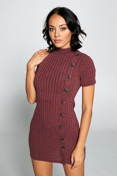 Between Us Buttoned Ribbed Mini- Burgundy Button Down Short Sleeve, Between Us, Short Sleeve Mini Dress, Classic Chic, Mini Dress With Sleeves, Couture Dresses, Model Dress, Sweater Dress, High Neck Dress