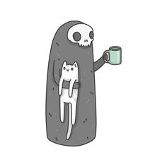 a cartoon character holding a coffee cup with a cat on it's back, while the