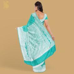 Turquoise Pure Tussar by Georgette Silk Handloom Banarasi Saree - Khinkhwab Silk Pre-draped Saree With Traditional Patterns For Designer Wear, Pre-draped Saree In Slub Silk With Self Design, Pre-draped Slub Silk Saree With Self Design, Tussar Silk Pashmina Shawl With Cutdana, Designer Handloom Silk Traditional Wear, Designer Silk Handloom Traditional Wear, Designer Silk Traditional Wear With Handloom Details, Handloom Semi-stitched Silk Pre-draped Saree, Slub Silk Blouse Piece With Traditional Patterns