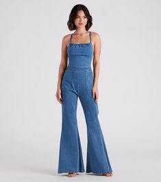 Edgy Fits, Cowgirl Style Outfits, Latina Fashion Outfits, Flare Jumpsuit, Denim Jumpsuit, Dark Wash Denim, Bottom Clothes, Denim Outfit, Dark Denim