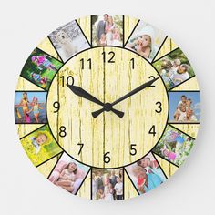 a clock that has photos on it