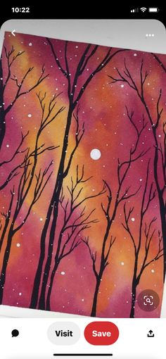 a painting of trees with the moon in the distance and snow flakes on them