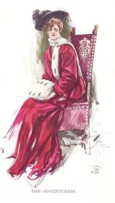 a drawing of a woman in a red dress and hat sitting on a purple chair