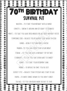 the 70th birthday survival kit is shown in black and white, with an arrow pointing to it