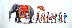 an elephant is standing in front of a group of people with umbrellas and baskets