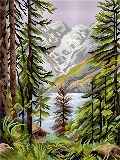 a cross stitch pattern with trees and mountains in the background