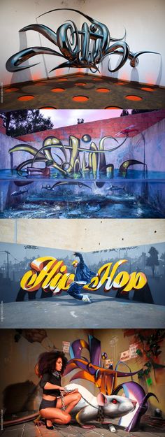 three different images of graffiti on the wall