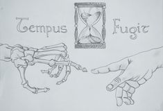 a drawing of two hands touching each other in front of an hourglass and the words tempus, fugit