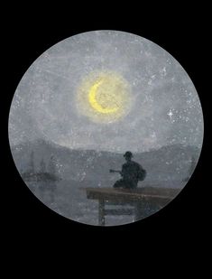 a man sitting on top of a wooden bench under a yellow moon